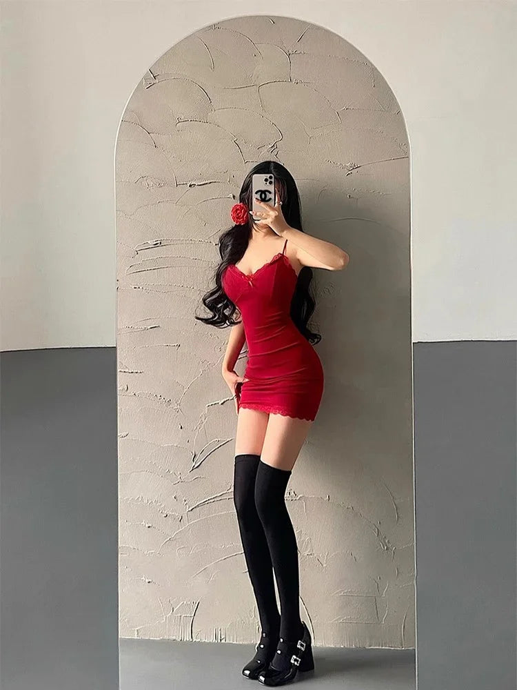 Red Lace Camisole Mini Dress