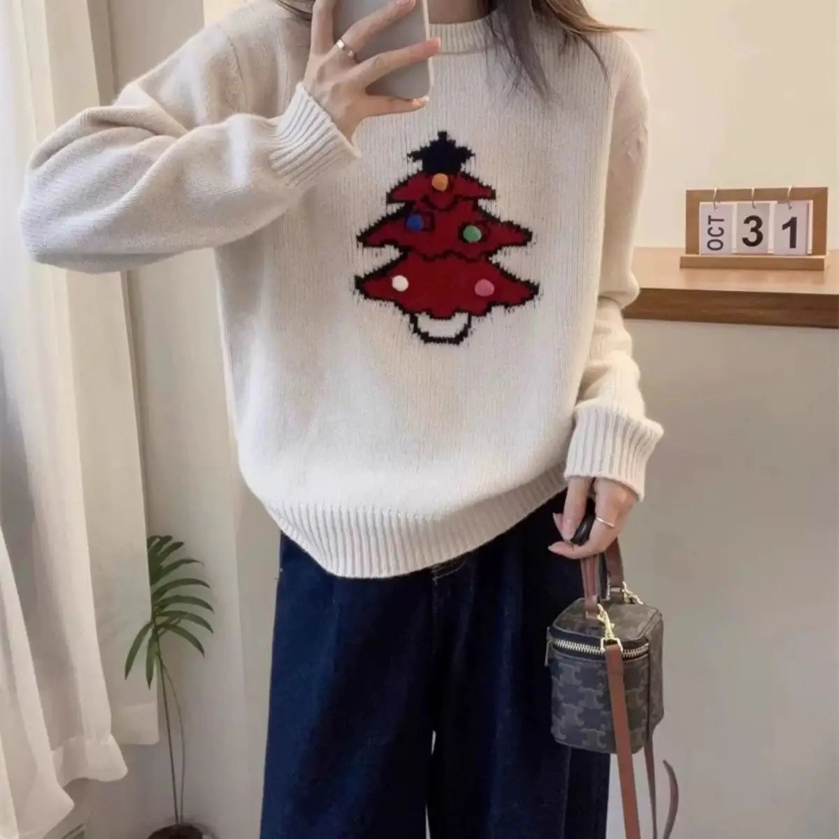 Christmas Tree Jacquard Round Neck Sweater