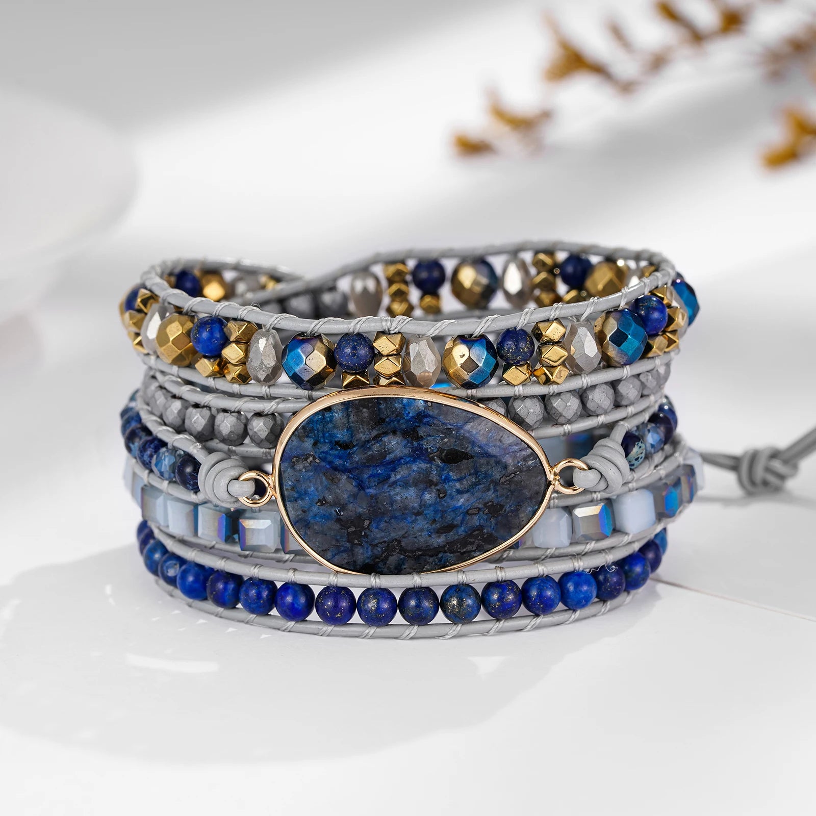 Blue Labradorite 5-Wrap Leather Bracelet