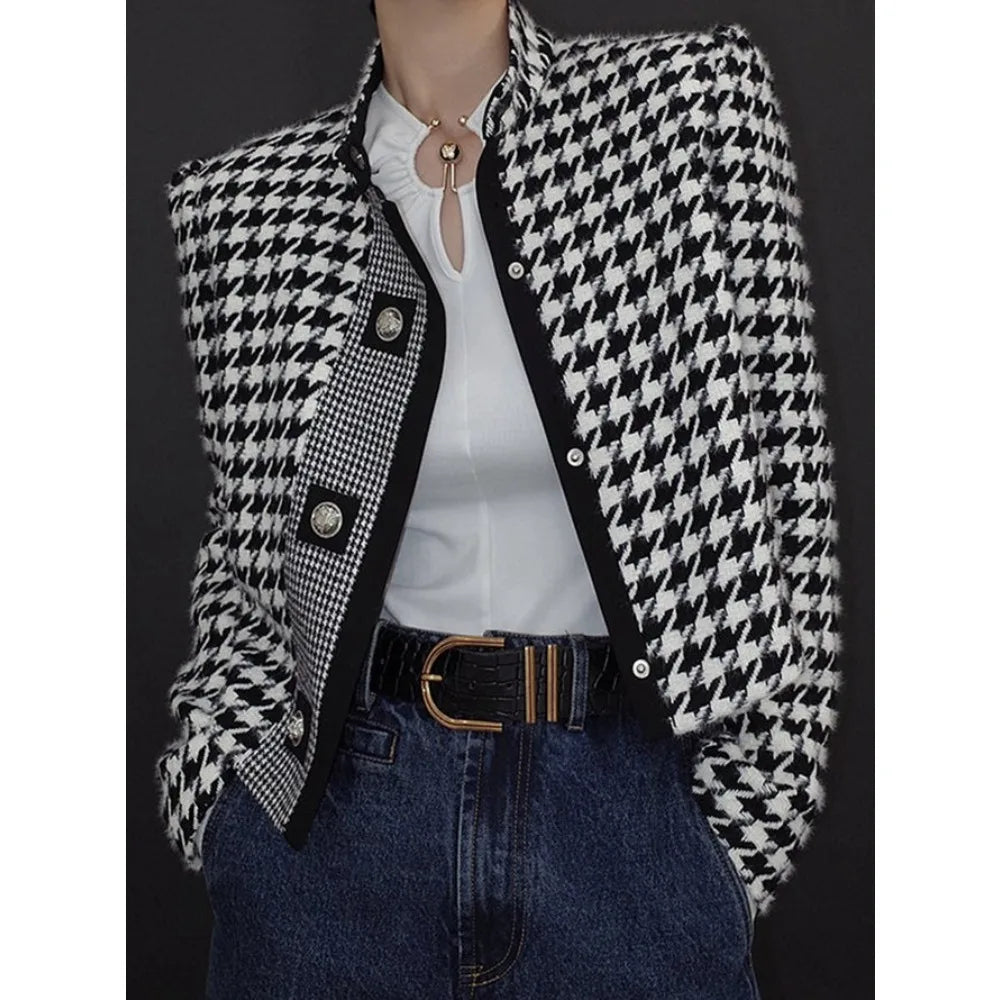 Houndstooth Stand Collar Jacket