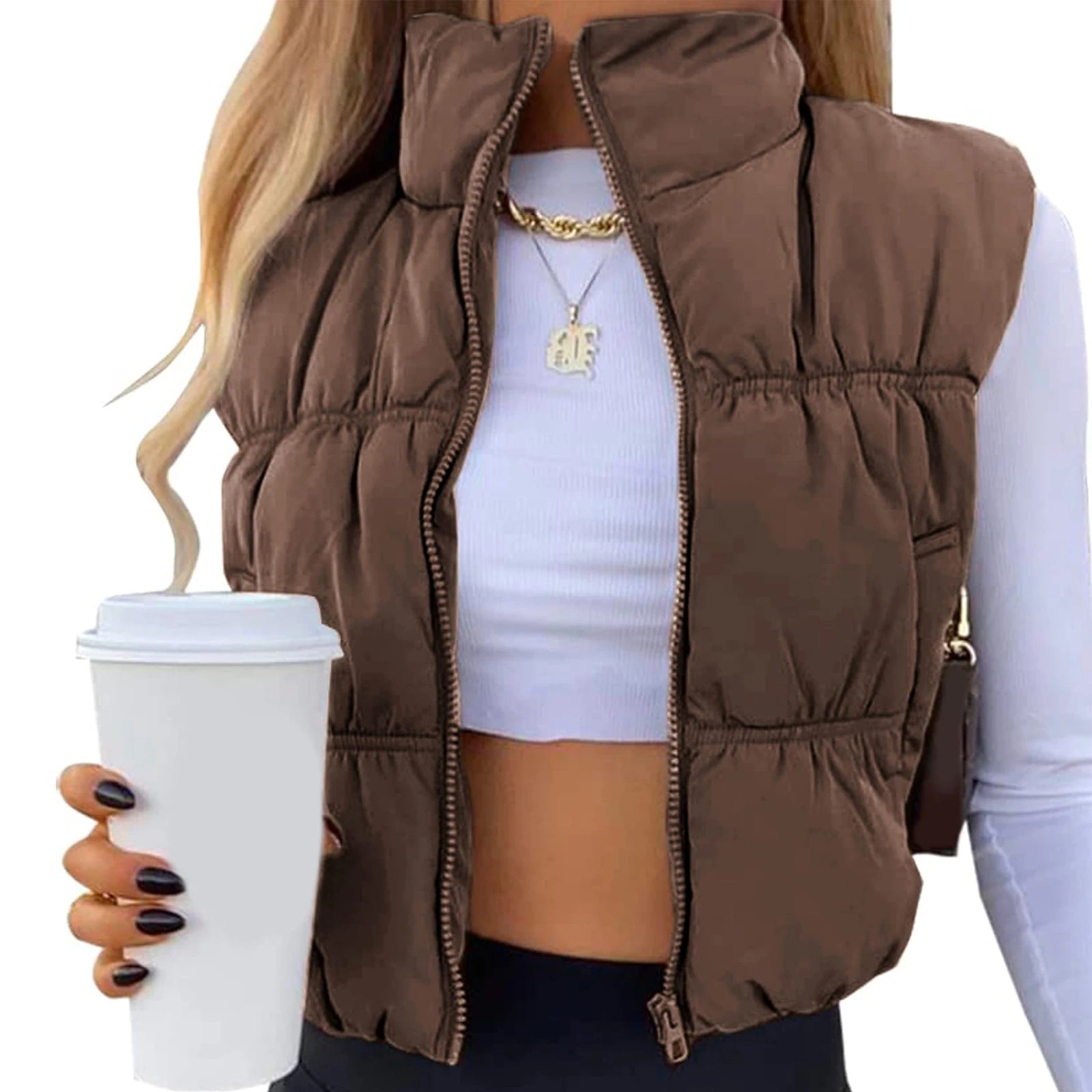 Quilted Puffer Vest with Stand Collar