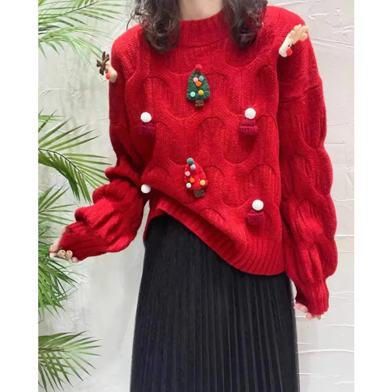 Red Thickened Winter Knitted Sweater