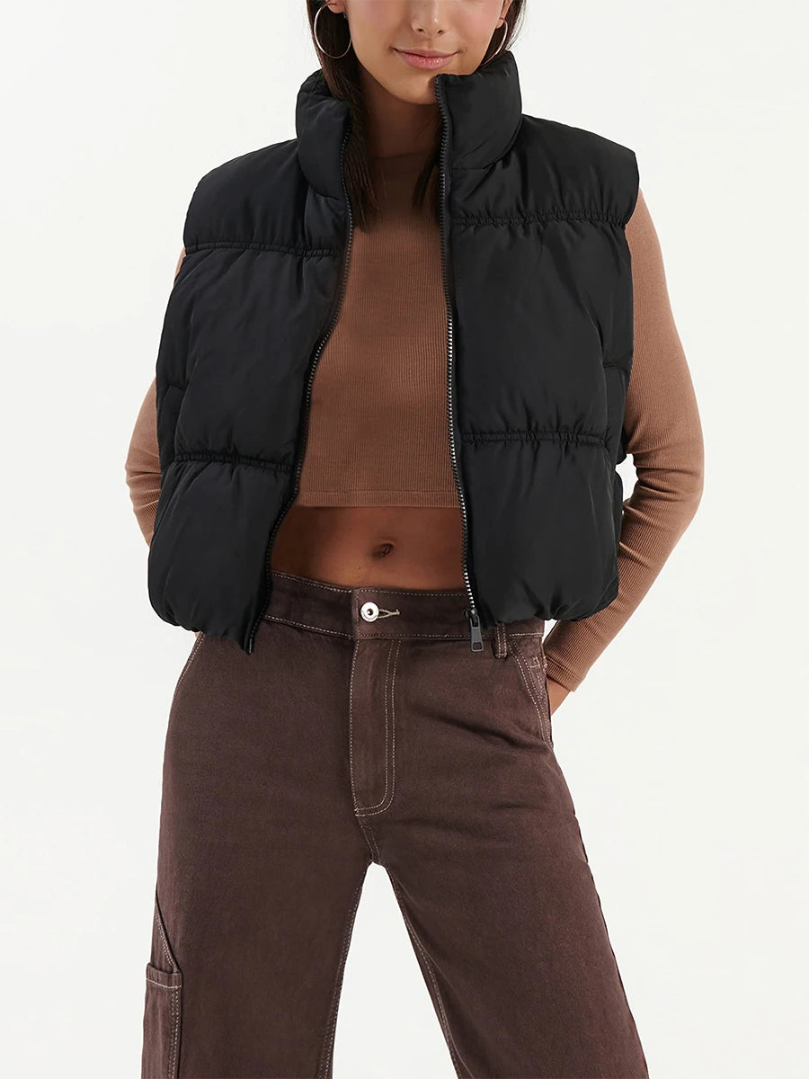 Quilted Puffer Vest with Stand Collar