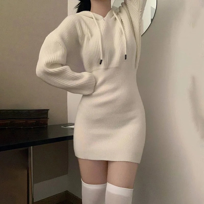 White Knit Hooded Mini Dress