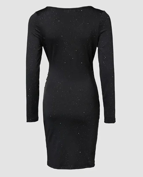 Black Glitter V-Neck Ruched Mini Dress