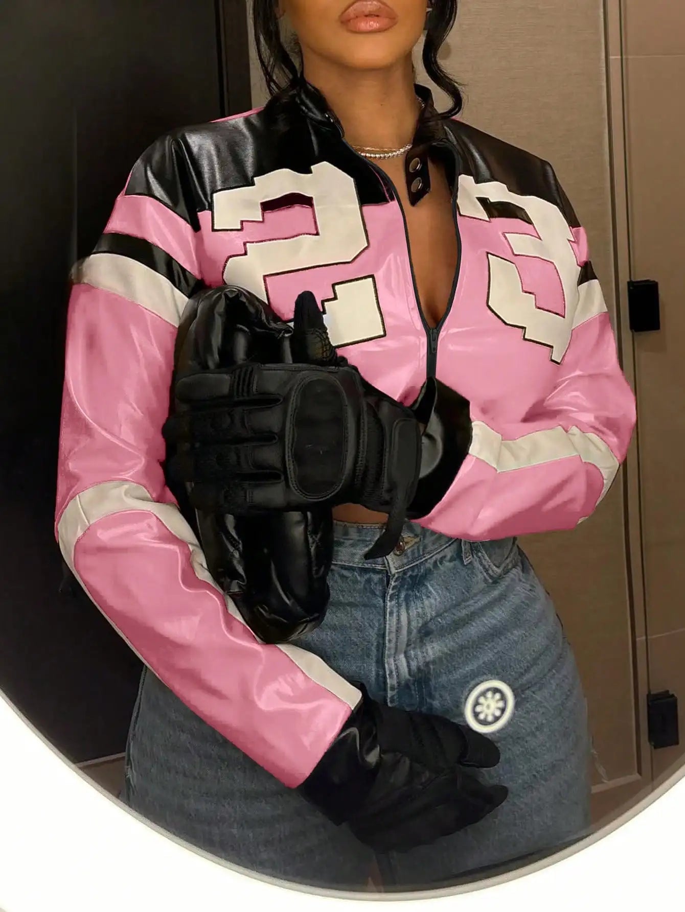 Red Faux Leather Bomber Jacket