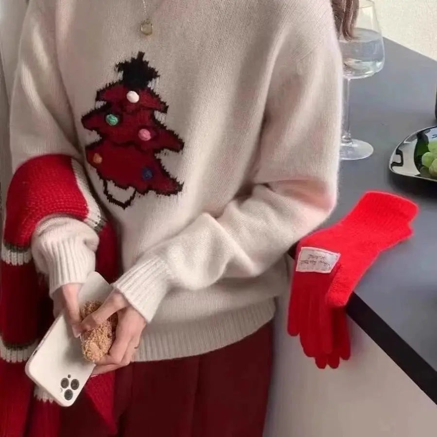 Christmas Tree Jacquard Round Neck Sweater