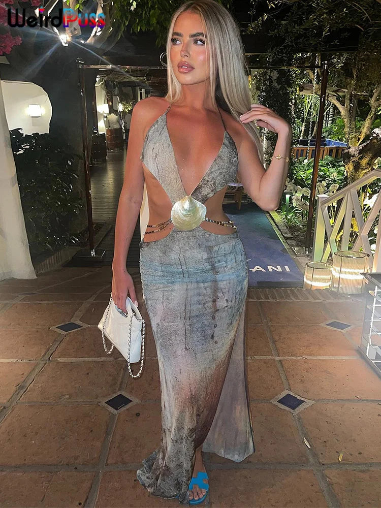 Pearl Halter Backless Maxi Dress