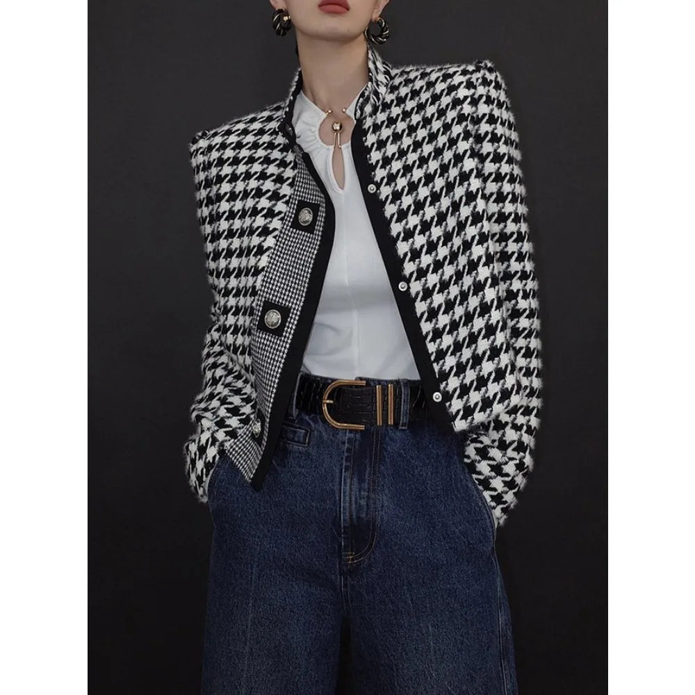 Houndstooth Stand Collar Jacket
