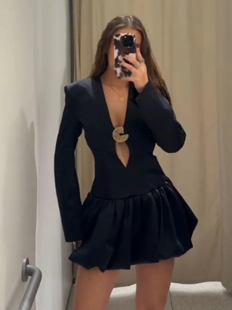 Obsidian Whisper V-Neck Dress