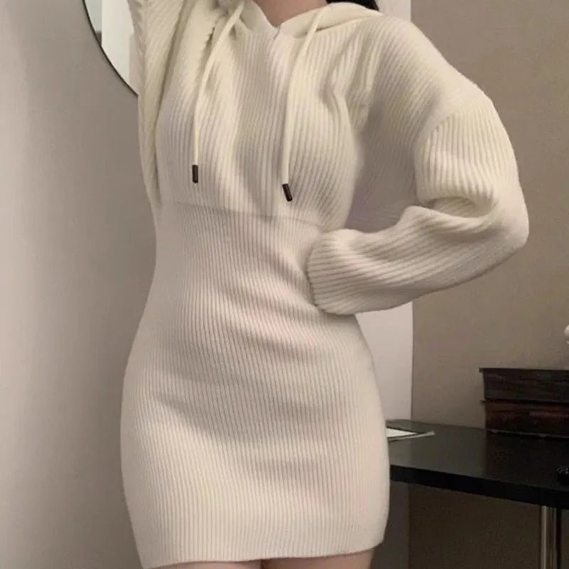 White Knit Hooded Mini Dress