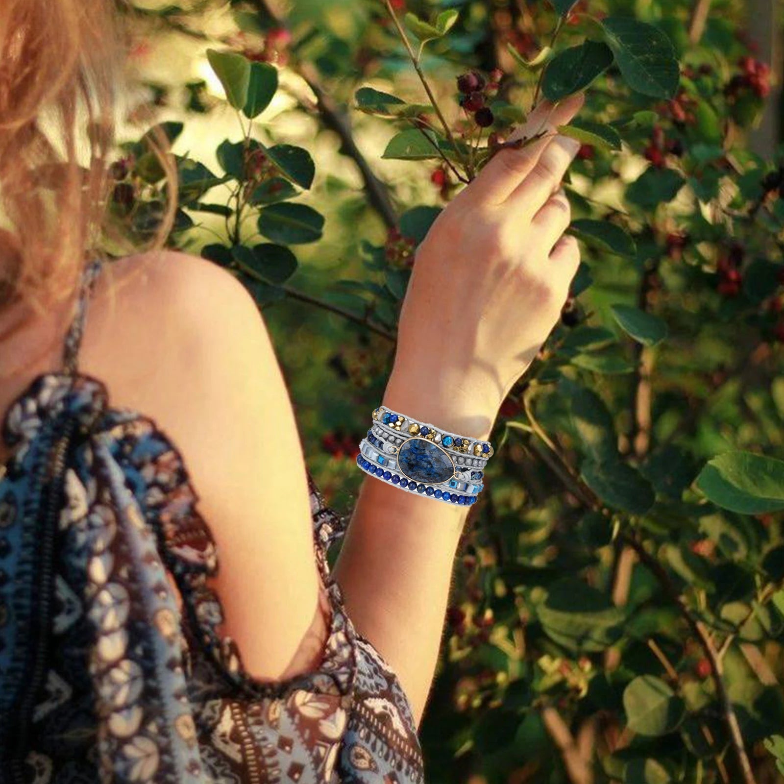 Blue Labradorite 5-Wrap Leather Bracelet