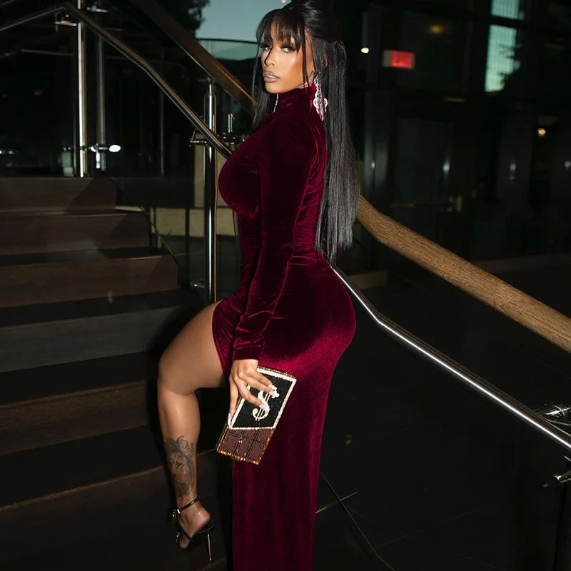 Velvet High Neck Pleated Dress