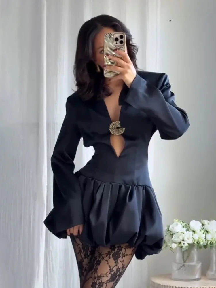 Obsidian Whisper V-Neck Dress