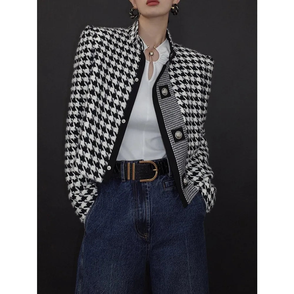 Houndstooth Stand Collar Jacket