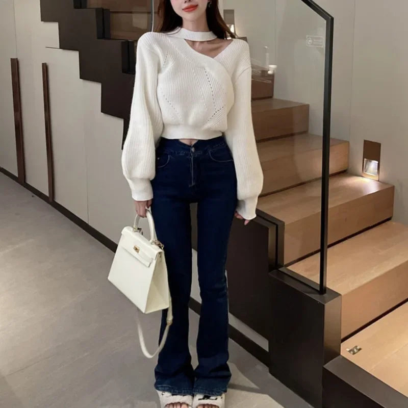Puff Sleeve Hollow Knit Sweater