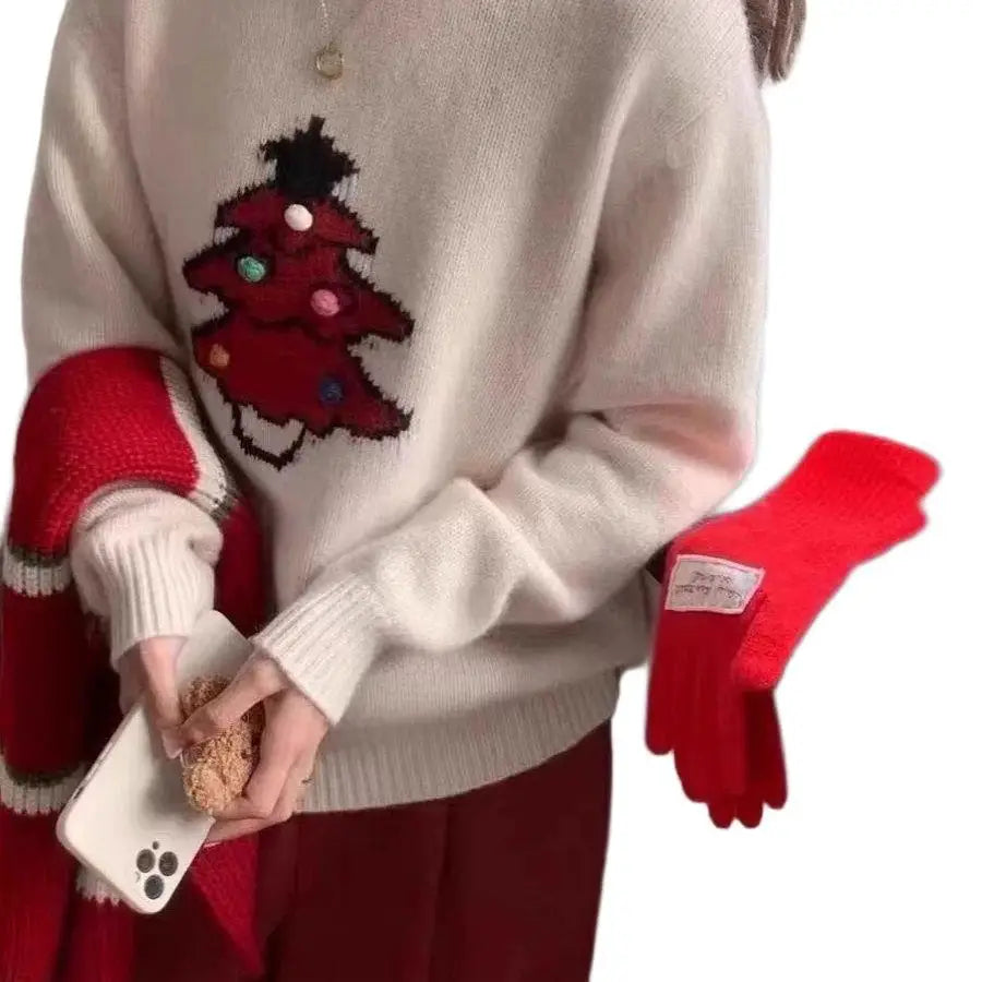 Christmas Tree Jacquard Round Neck Sweater