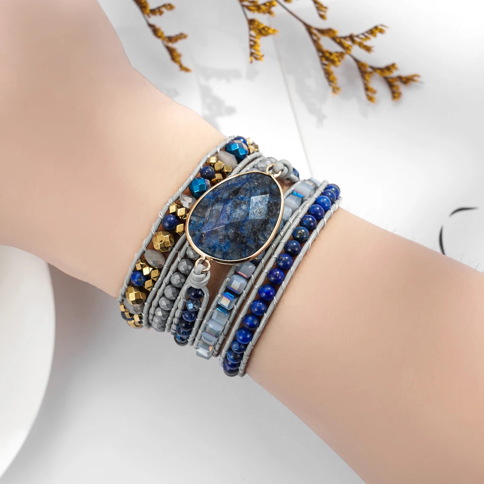 Blue Labradorite 5-Wrap Leather Bracelet