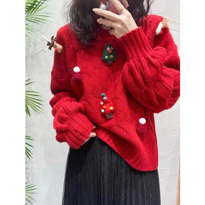 Red Thickened Winter Knitted Sweater