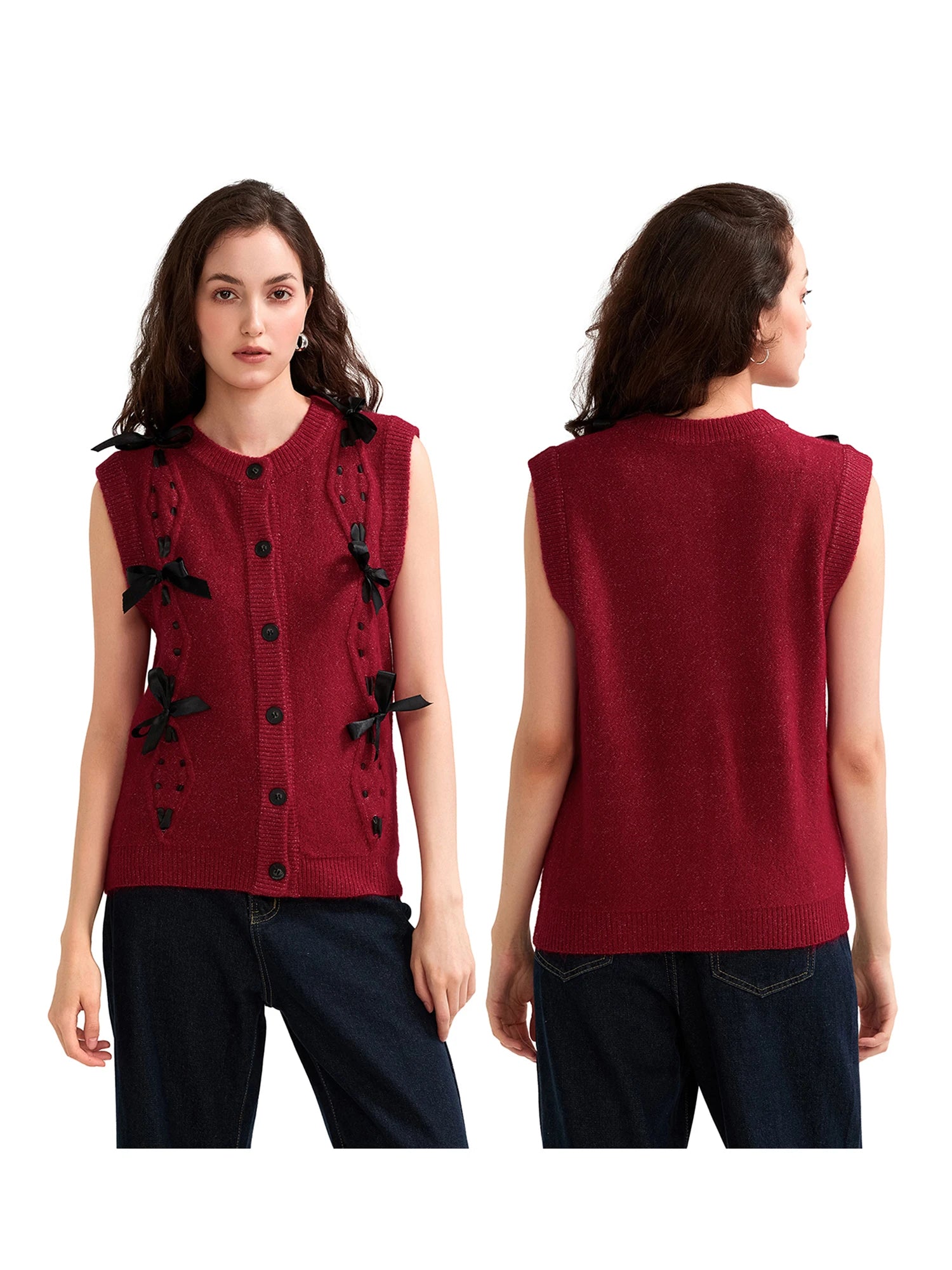 Elegant Cable Knit Sleeveless Vest with Bow Detail