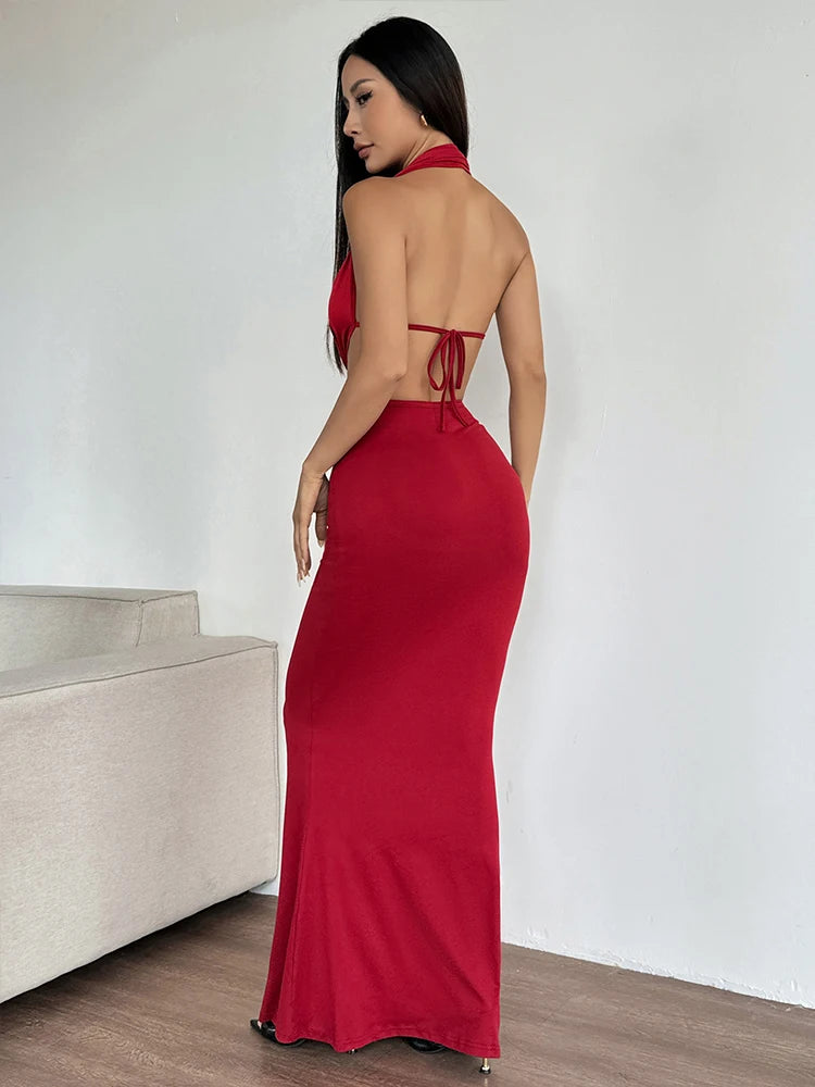 Red Lace-Up Maxi Dress