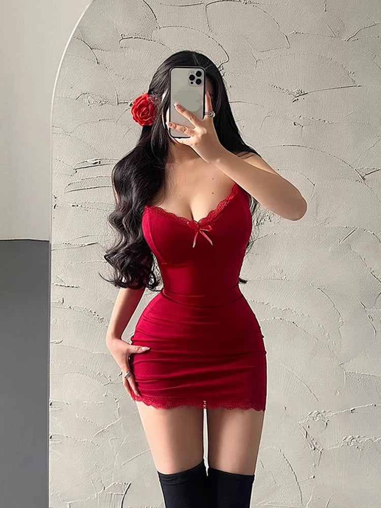 Red Lace Camisole Mini Dress