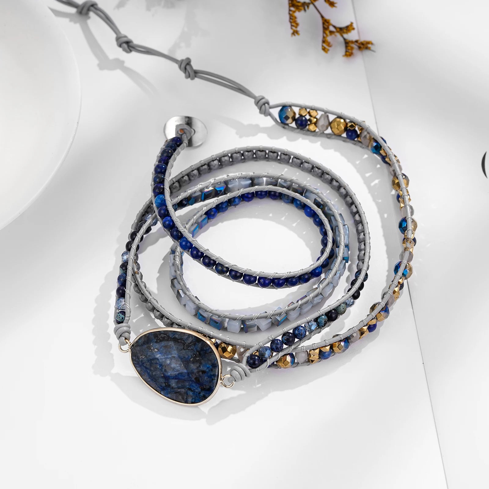 Blue Labradorite 5-Wrap Leather Bracelet