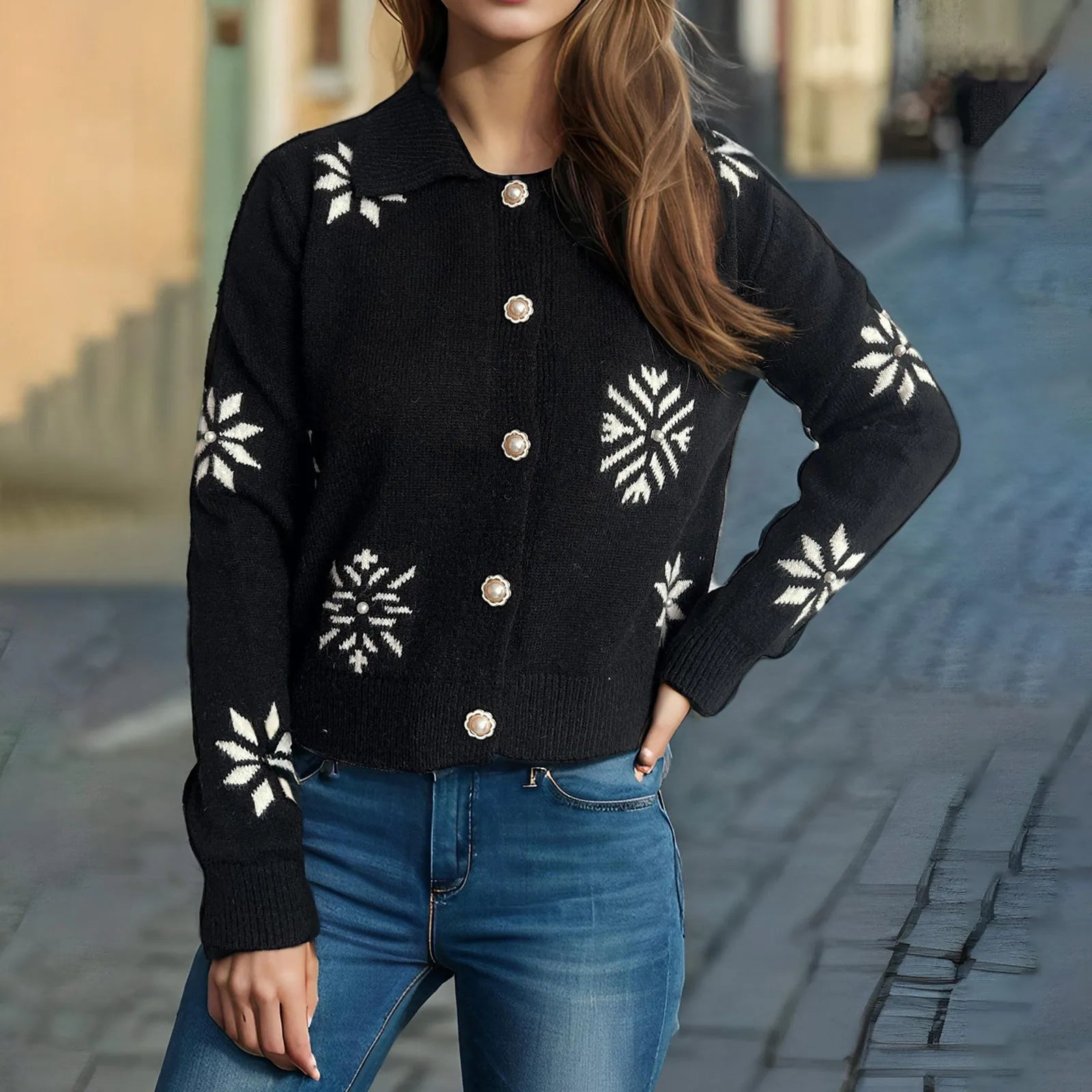 Snowflake Knit Button-Up Cardigan