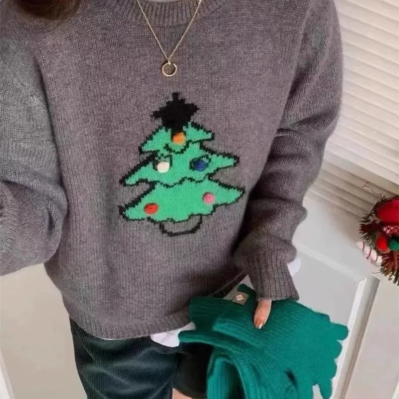 Christmas Tree Jacquard Round Neck Sweater