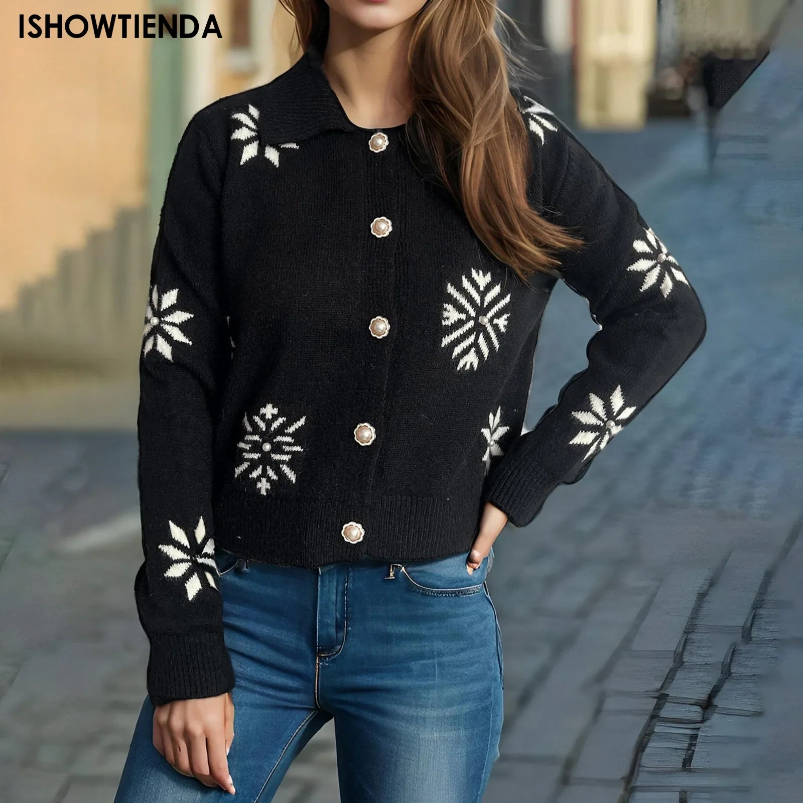 Snowflake Knit Button-Up Cardigan