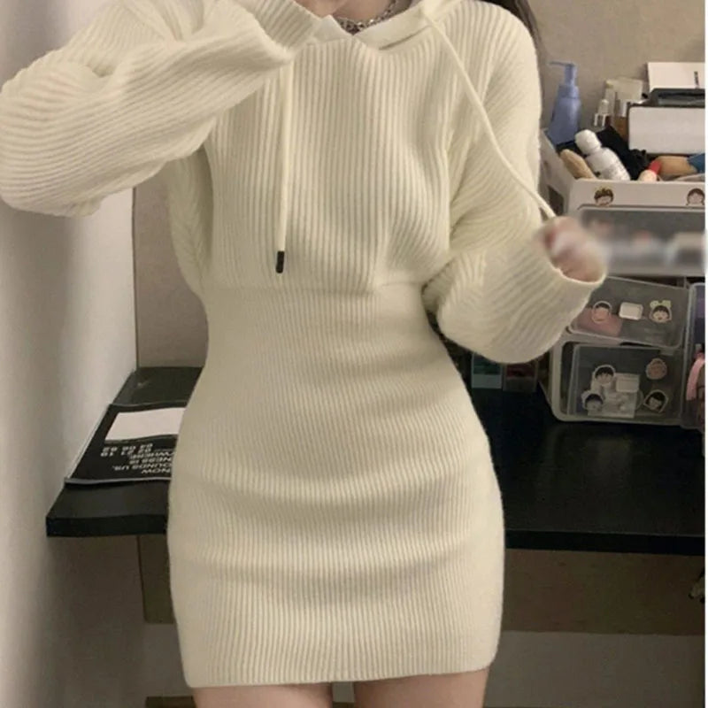 White Knit Hooded Mini Dress