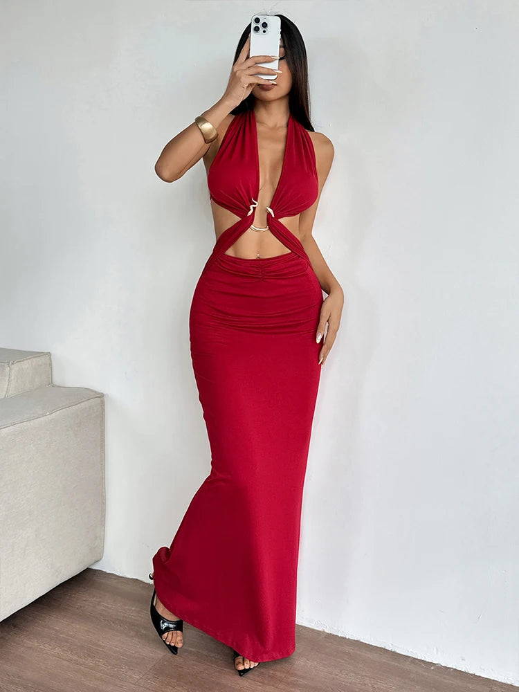 Red Lace-Up Maxi Dress