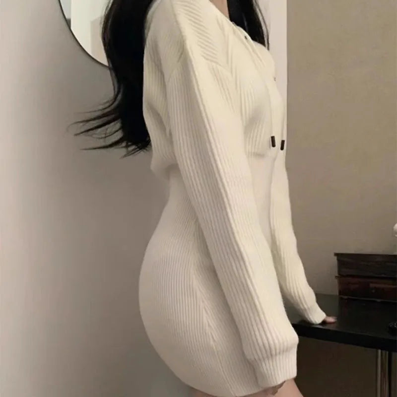 White Knit Hooded Mini Dress