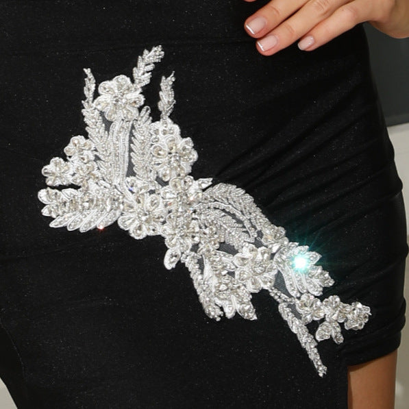 Black Rhinestone Flower Long Sleeve Bandage Evening Dress Club Party