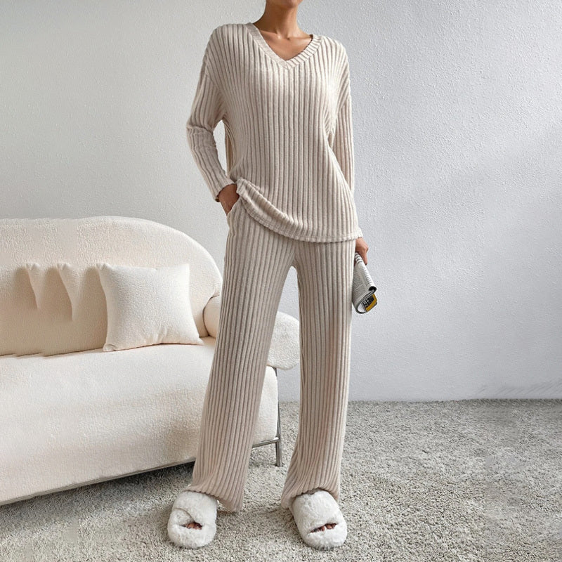 V-Neck Ribbed Top & Straight Leg Pants Set