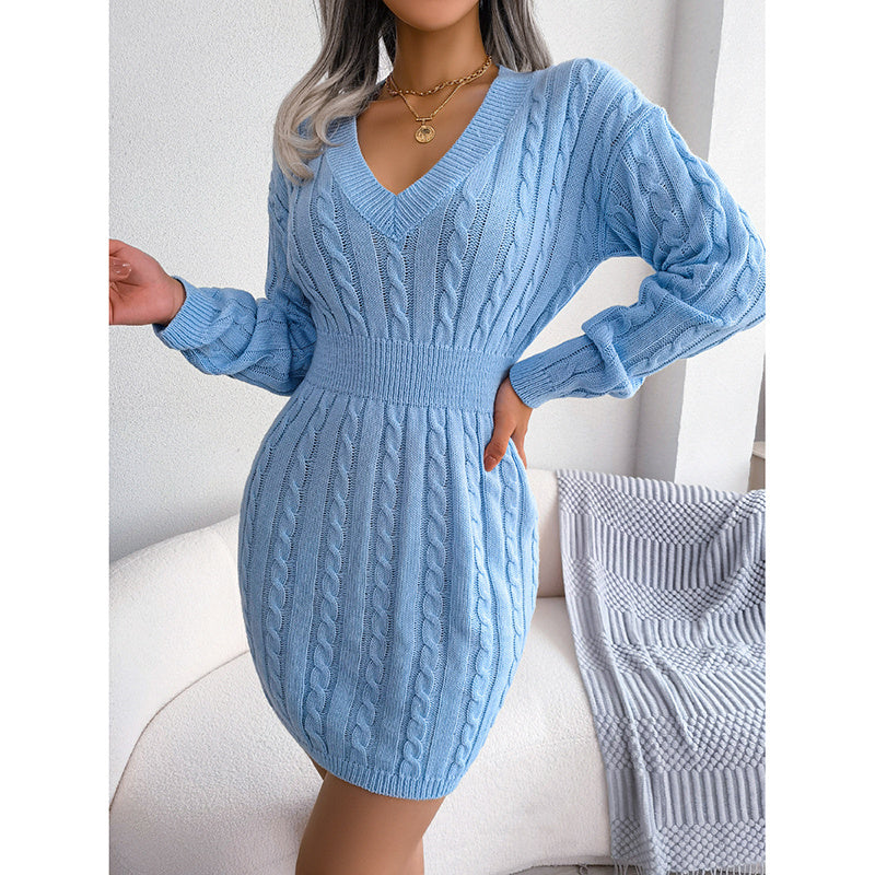 V-Neck Long Sleeve Bodycon Sweater Dress