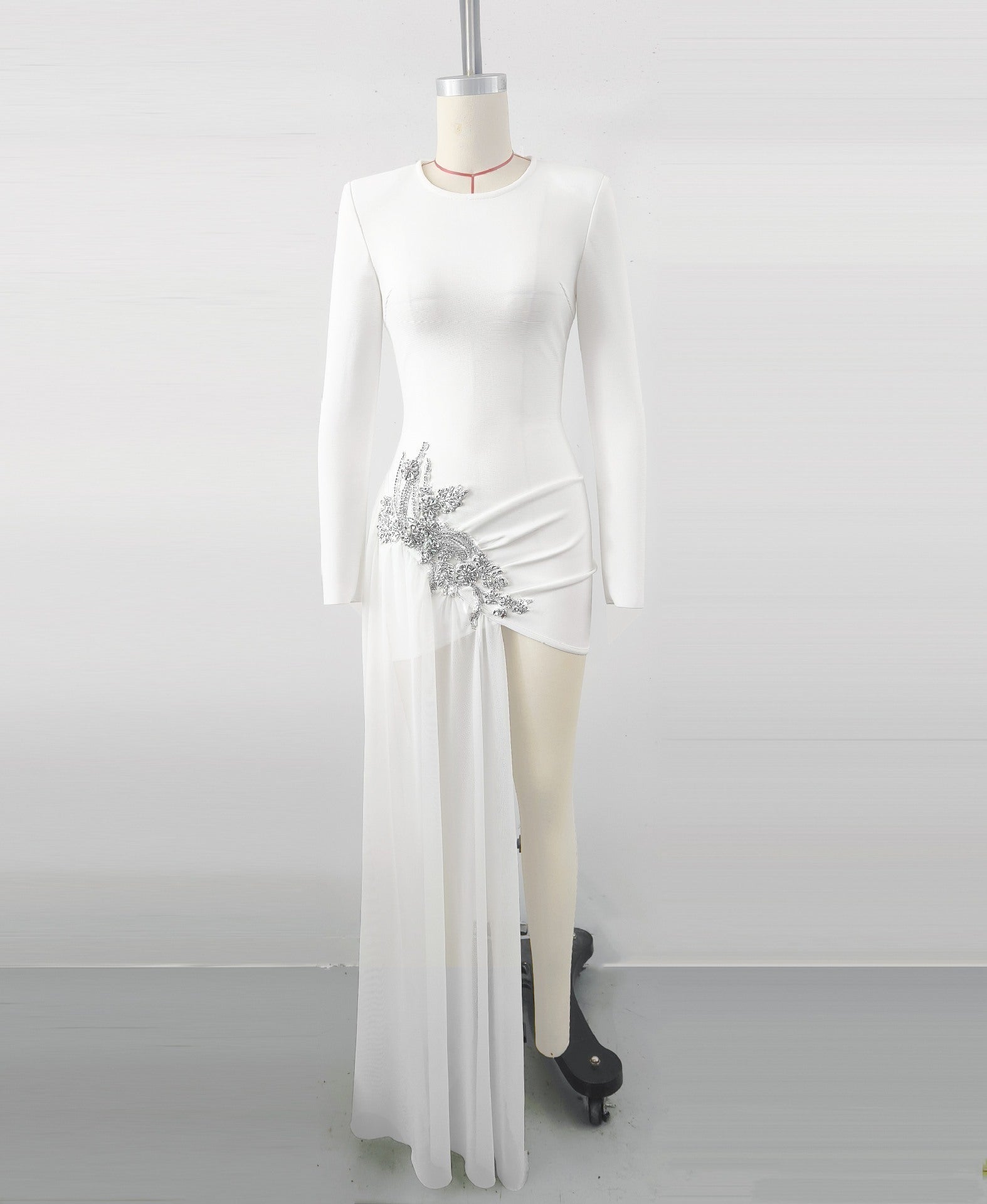 Black Rhinestone Flower Long Sleeve Bandage Evening Dress Club Party