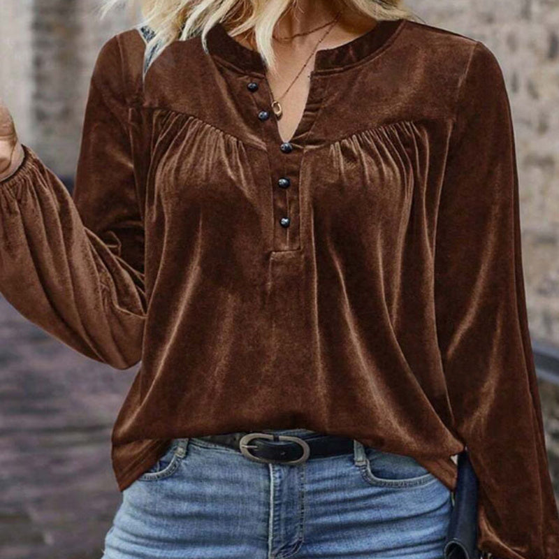 Solid V-Neck Button Detail Blouse