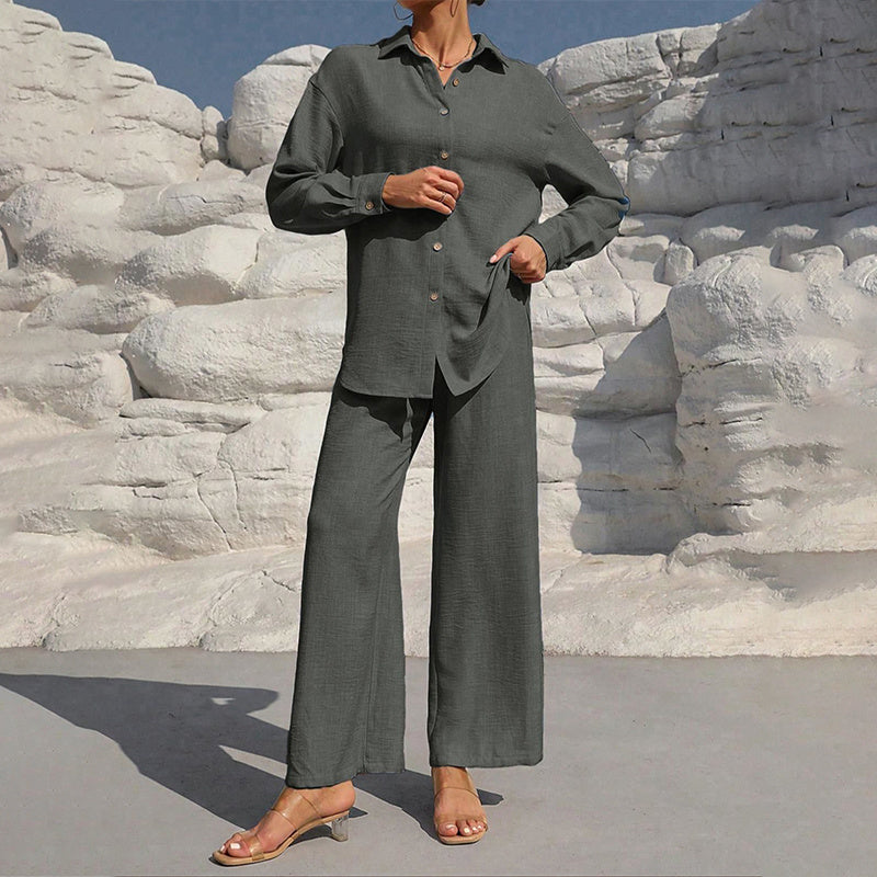 Lapel Button-Up Pants Set