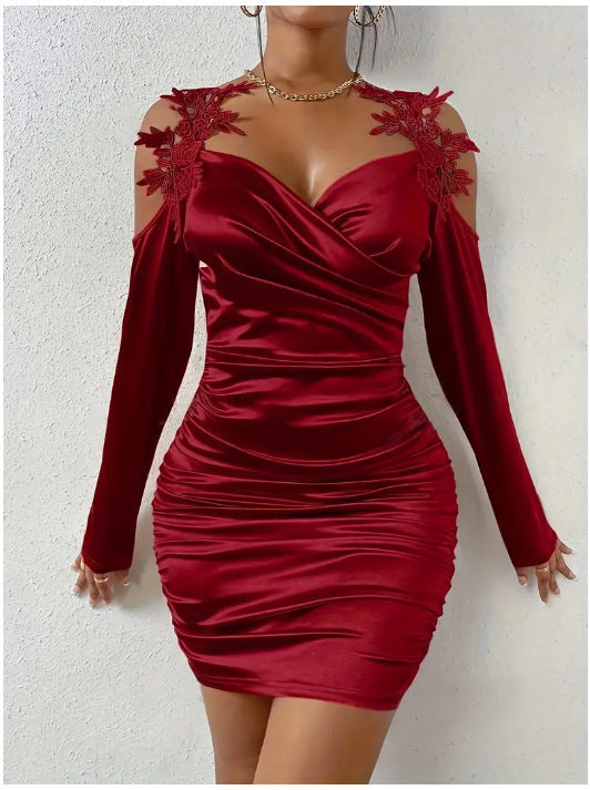 Satin Lace Bodycon Dress with Pleated Skirt