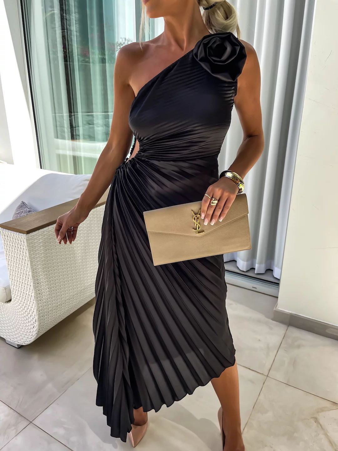 Rose Flower Fashionable Sexy Evening Party Club Asymmetrical Dress