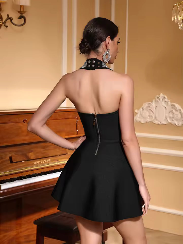 Noir Halo Rhinestone Halter Mini Dress