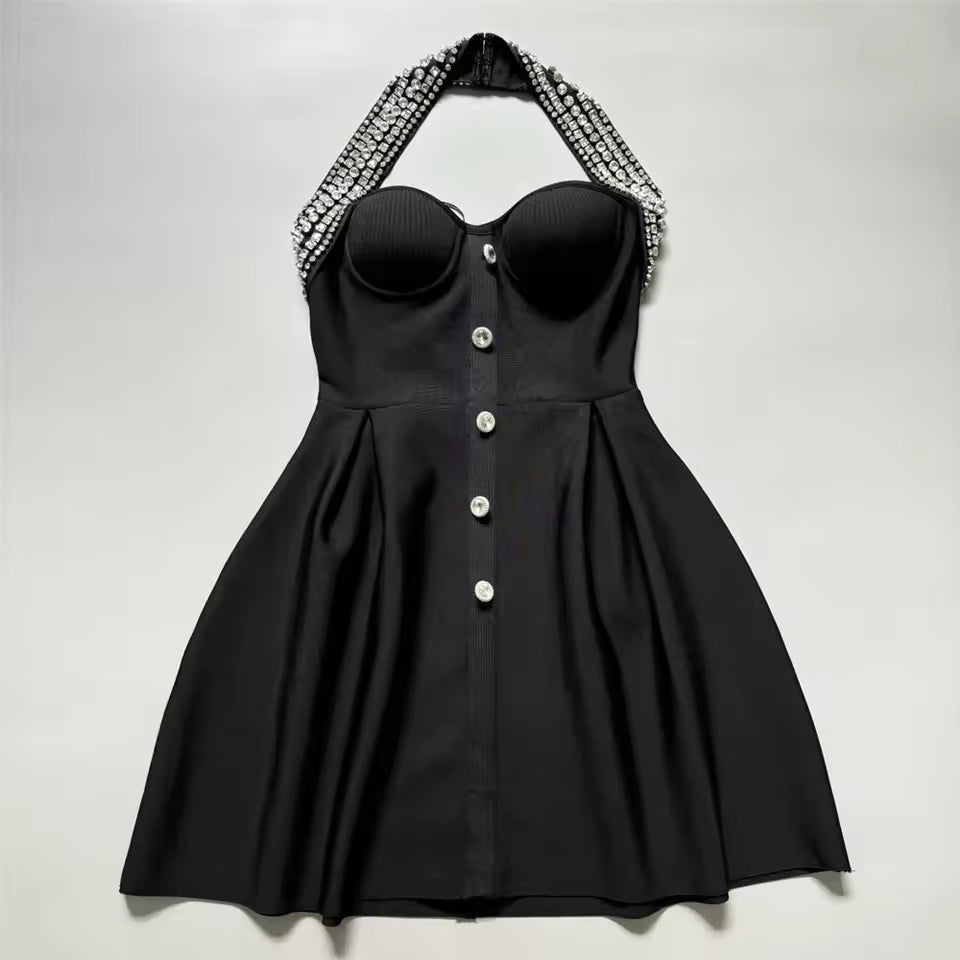 Noir Halo Rhinestone Halter Mini Dress