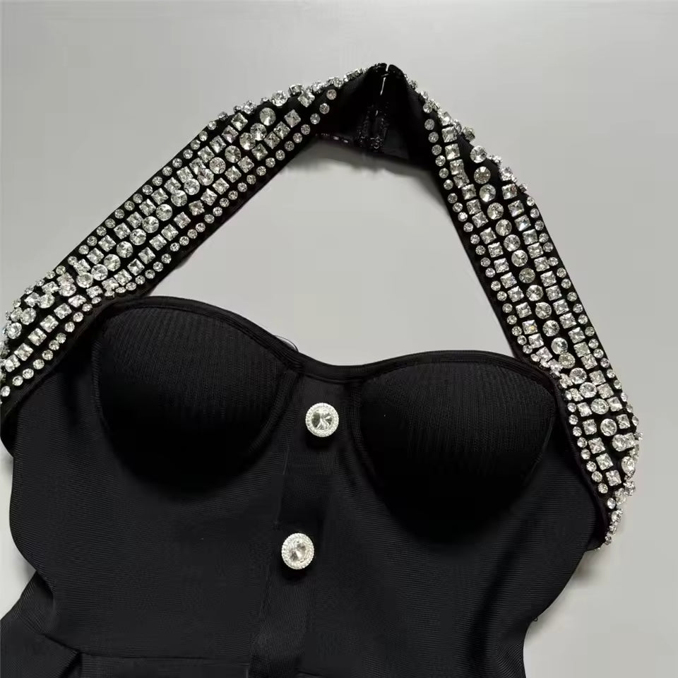 Noir Halo Rhinestone Halter Mini Dress
