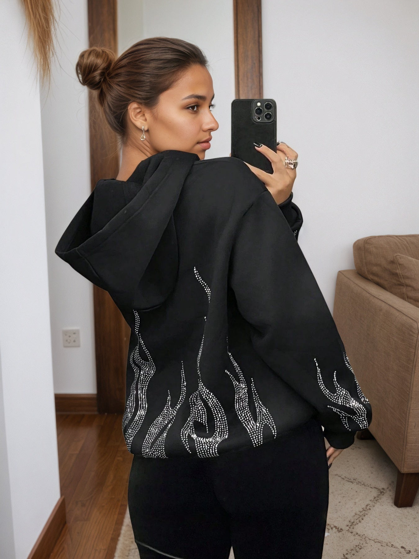 Flame Print Hooded Zip-Up Jacket