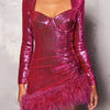 Sequins Feather Long Sleeve Ostrich Hair Dress Dress