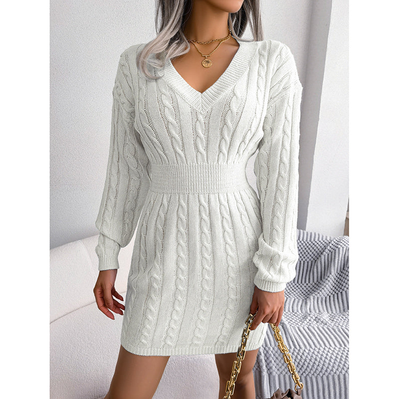 V-Neck Long Sleeve Bodycon Sweater Dress