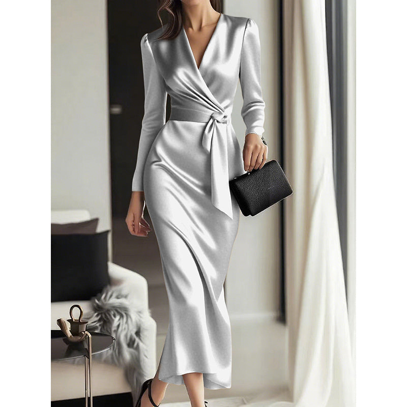 Burgundy Satin V-Neck Midi Dress