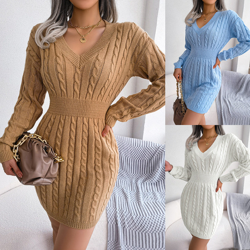 V-Neck Long Sleeve Bodycon Sweater Dress