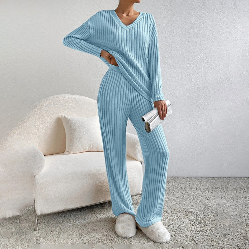 V-Neck Ribbed Top & Straight Leg Pants Set